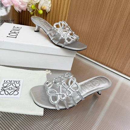 LOEWE 26S PETAL ANAGRAM KITTEN HEEL SANDALS 45MM IN SILVER SOFT CALFSKIN