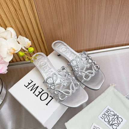 LOEWE 26S PETAL ANAGRAM KITTEN HEEL SANDALS 45MM IN SILVER SOFT CALFSKIN