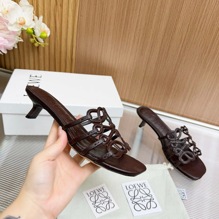 LOEWE 26S PETAL ANAGRAM KITTEN HEEL SANDALS 45MM IN DARK BROWN SOFT CALFSKIN