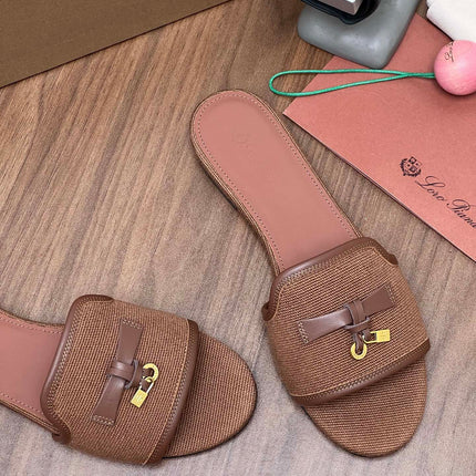 LP 26S SLIDES IN LIGHT BROWN CANVAS AND CALFSKIN
