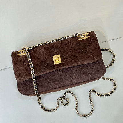 CHANEL 26S FLAP BAG 22 IN CHOCOLATE BROWN SUEDE WITH GOLD HARDWARE