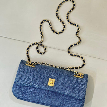 CHANEL 26S FLAP BAG 22 IN BLUE DENIM WITH GOLD HARDWARE