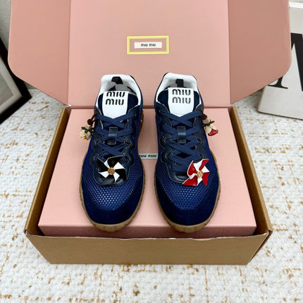 MIUMIU 26S CHARM SNEAKERS IN NAVY BLUE MESH AND SUEDE