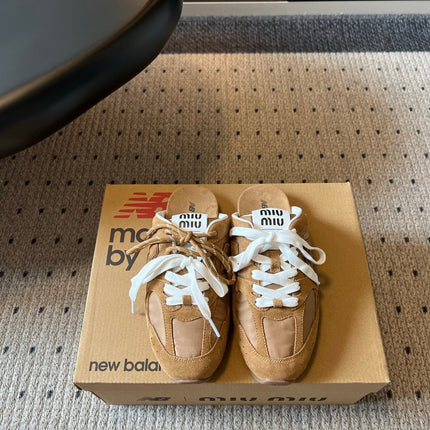 MIUMIU 26S SNEAKER MULES IN CAMEL BROWN SUEDE MIX FABRIC