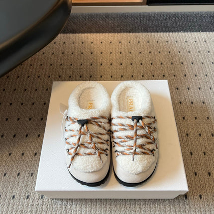 PRADA 26S WOVEN MULES IN IVORY SUEDE AND WOOL