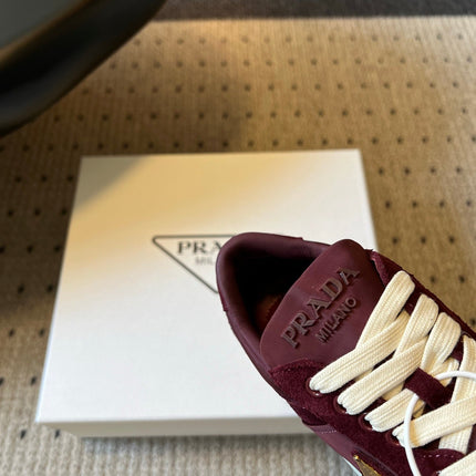 PRADA 26S PLATFORM SNEAKERS IN DARK RED FABRIC MIX SUEDE