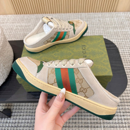 GUCCI 26S BACKLESS SNEAKERS IN BEIGE CANVAS AND LEATHER
