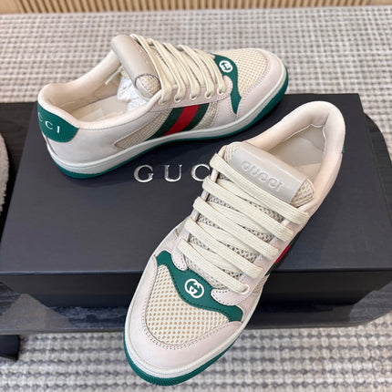 GUCCI 26S MESH SNEAKERS IN LIGHT BEIGE AND GREEN LEATHER