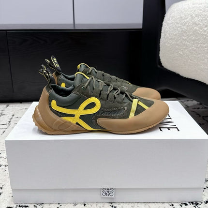 LOEWE 26S LOW TOP SNEAKERS IN DARK OLIVE GREEN SUEDE AND FABRIC WITH BROWN RUBBER