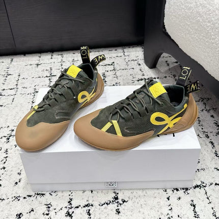 LOEWE 26S LOW TOP SNEAKERS IN DARK OLIVE GREEN SUEDE AND FABRIC WITH BROWN RUBBER