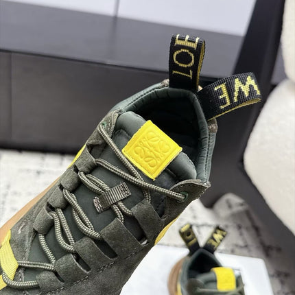 LOEWE 26S LOW TOP SNEAKERS IN DARK OLIVE GREEN SUEDE AND FABRIC WITH BROWN RUBBER