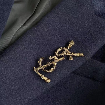 YSL 26S ORNATE TEXTURED MONOGRAM BROOCH IN ANTIQUE GOLD TONE METAL 617587