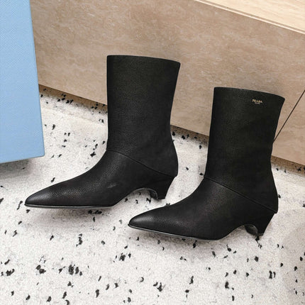 PRADA 26S POINTED TOE MID CALF BOOTS 30MM IN BLACK GRAINED CALFSKIN
