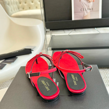 SL CRYSTAL T-STRAP FLAT SANDAL RED SATIN