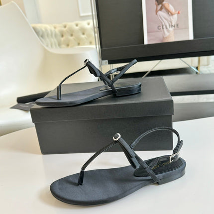 SL Silk Bow T-Strap Flat Sandals Black Leather