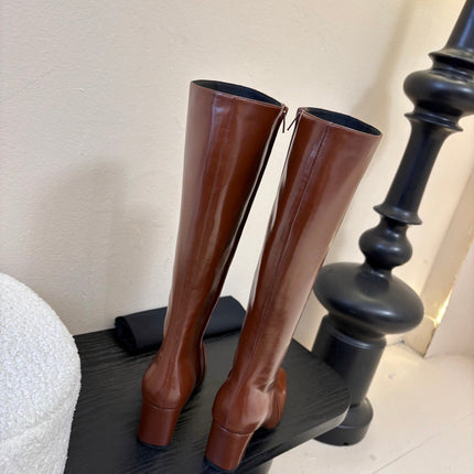 YSL 26S KNEE-HIGH HEELED BOOTS IN BROWN SHINY CALFSKIN