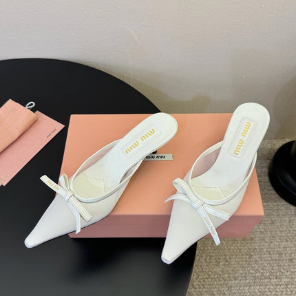 MIUMIU 26S HEEL MULES IN WHITE MESH AND LAMBSKIN