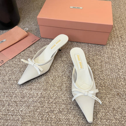 MIUMIU 26S HEEL MULES IN WHITE MESH AND LAMBSKIN