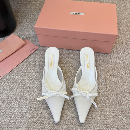 MIUMIU 26S HEEL MULES IN WHITE MESH AND LAMBSKIN