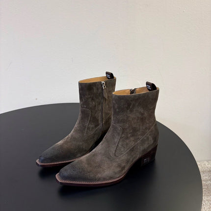 MIUMIU 26S WESTERN ANKLE BOOTS IN DARK GREY SUEDE