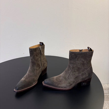MIUMIU 26S WESTERN ANKLE BOOTS IN DARK GREY SUEDE