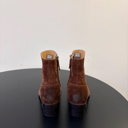 MIUMIU 26S WESTERN ANKLE BOOTS IN BROWN SUEDE