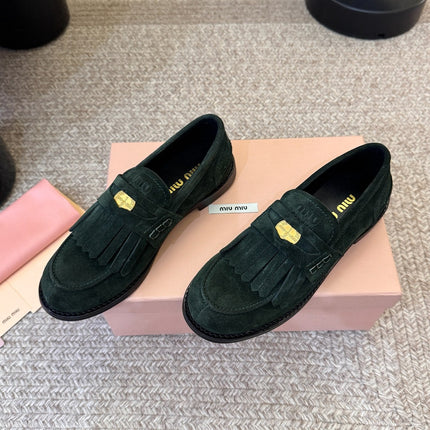 MIUMIU 26S FRINGE PENNY LOAFERS IN DARK GREEN SUEDE