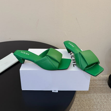 LOEWE 26S HEELED MULE SANDALS 45MM IN GREEN CALFSKIN