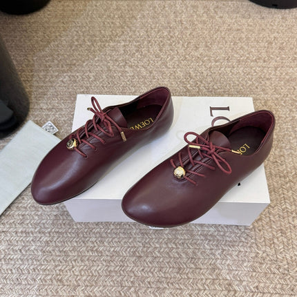 LOEWE 26S LACE UP FLAT SHOES IN BURGUNDY RED CALFSKIN