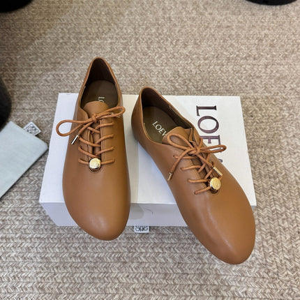LOEWE 26S LACE UP FLAT SHOES IN TAN BROWN CALFSKIN