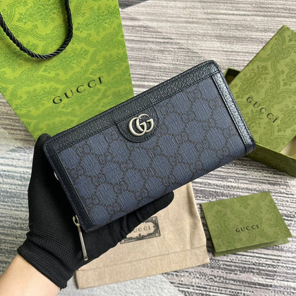 OPHIDIA GG 19 ZIP AROUND WALLET DARK BLUE CANVAS AND BLACK CALFSKIN