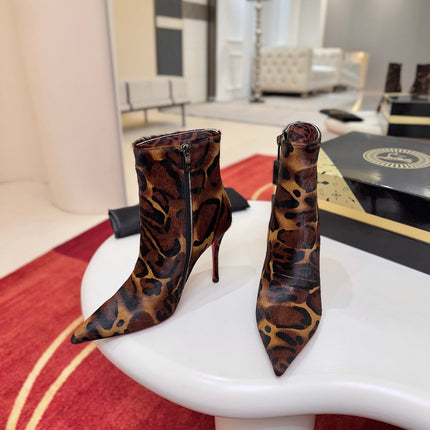 CHRISTIAN LOUBOUTIN 26S ANKLE BOOTS 100 MM IN LEOPARD PRINT LEATHER WITH PONY HAIR
