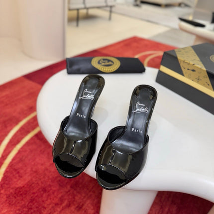 CHRISTIAN LOUBOUTIN 26S WEDGE SANDALS 85 MM IN BLACK PATENT LEATHER