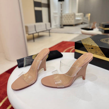 CHRISTIAN LOUBOUTIN 26S CLEAR-STRAP WEDGE SANDALS 100 MM IN BEIGE LEATHER AND TPU