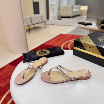 CHRISTIAN LOUBOUTIN 26S FLAT THONG SANDALS IN BEIGE SATIN AND LEATHER WITH CRYSTALS
