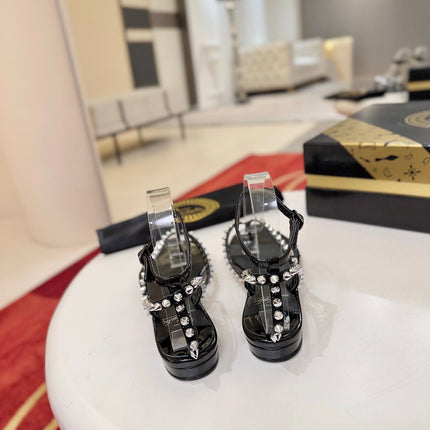 CHRISTIAN LOUBOUTIN 26S STUDDED THONG SANDALS IN BLACK PATENT CALFSKIN
