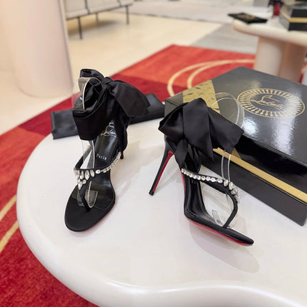 CHRISTIAN LOUBOUTIN 26S HEEL THONG SANDALS 100 MM IN BLACK SATIN WITH CRYSTALS