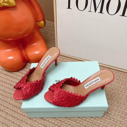 AQUAZZURA 26S HEELED MULES 80 MM IN RED WOVEN RAFFIA