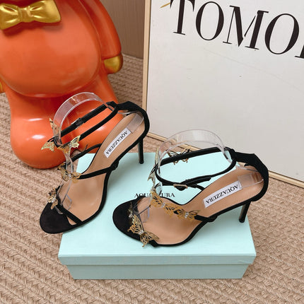 AQUAZZURA 26S BUTTERFLY HEELED SANDALS 100 MM IN BLACK SUEDE
