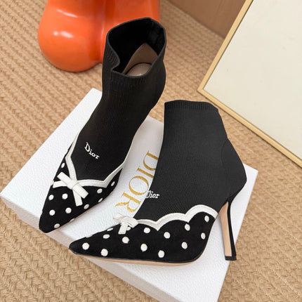 DIOR 26S POINTED TOE HIGH HEEL ANKLE BOOTS IN BLACK KNIT FABRIC WITH WHITE POLKA DOTS