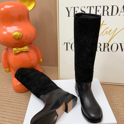 DIOR 26S KNEE HIGH BOOTS IN BLACK CALFSKIN AND SUEDE WITH EMBROIDERED LOGO