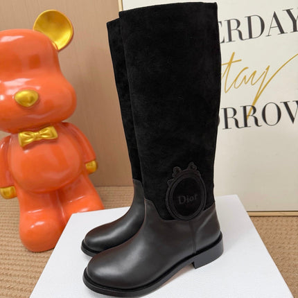 DIOR 26S KNEE HIGH BOOTS IN BLACK CALFSKIN AND SUEDE WITH EMBROIDERED LOGO