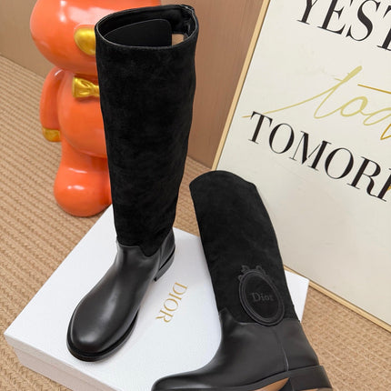 DIOR 26S KNEE HIGH BOOTS IN BLACK CALFSKIN AND SUEDE WITH EMBROIDERED LOGO