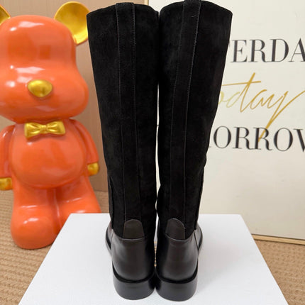 DIOR 26S KNEE HIGH BOOTS IN BLACK CALFSKIN AND SUEDE WITH EMBROIDERED LOGO