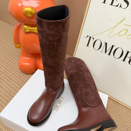 DIOR 26S KNEE HIGH BOOTS IN BROWN CALFSKIN AND SUEDE WITH EMBROIDERED LOGO