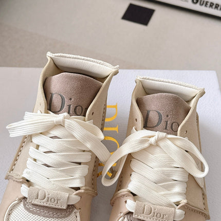DIOR 26S HIGH TOP LACE UP SNEAKERS IN LIGHT BEIGE SUEDE AND WHITE MESH