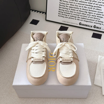 DIOR 26S HIGH TOP LACE UP SNEAKERS IN LIGHT BEIGE SUEDE AND WHITE MESH