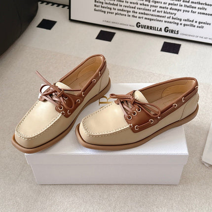 DIOR 26S LACE UP BOAT SHOES IN BEIGE AND BROWN CALFSKIN GOLD HARDWARE