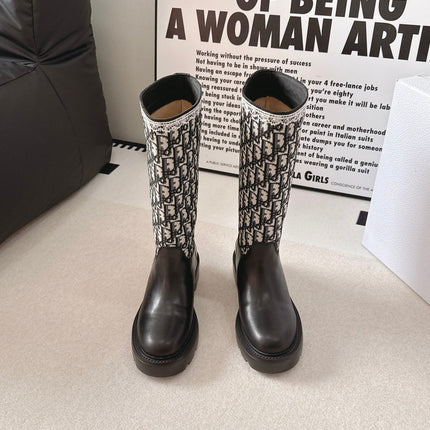 DIOR 26S OBLIQUE KNEE HIGH BOOTS IN BLACK CALFSKIN AND WHITE JACQUARD FABRIC
