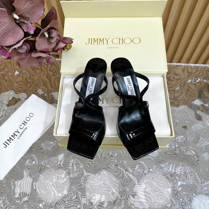 JIMMY CHOO 26S WEDGE SANDALS 105 MM IN BLACK GLOSSY CALFSKIN